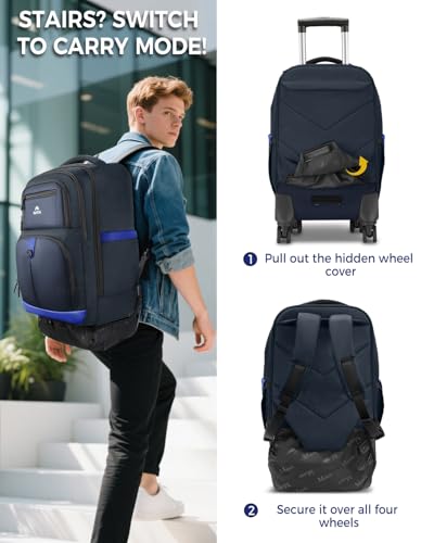 MATEIN Rolling Backpack 4 Wheels, 17 Inch Lightweight Rolling Backpack with Shoulder Straps, Water Resistant Roller Laptop Bag Carryon Luggage, Wheeled Travel Daypack for Business Men Adults