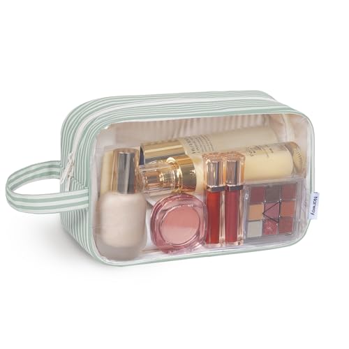 Narwey Clear Toiletry Bags for Traveling Women Men, Clear Travel Bags for Toiletries Makeup Bag Cosmetic Bag with Zipper, Make Up Organizer, Skincare Bag (Mint Green Stripe) - color: YB-Mint Green Stripe