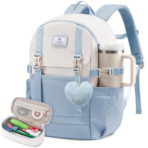 LOVEVOOK School Backpack for Teen Girls, Waterproof Travel College Bookbag for Middle High School with Large Cup Holder & Pencil Case, Fits 15.6'' Laptop, Cute Aesthetic Kids Student Backpack - color: Baby Blue