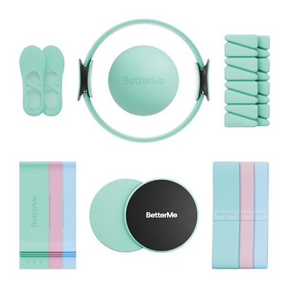 BetterMe Pilates Studio Kit – Pilates Ring, Pilates Ball, Resistance Bands & Sliders – Complete Pilates Equipment Set for Women – Home & Studio Pilates Workout Kit - color: Subtle Mint