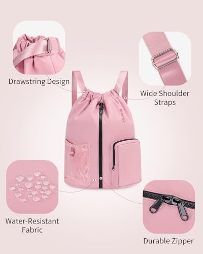 WANDF Drawstring Backpack Sports Gym Bag with Shoes Compartment, Water-Resistant String Beach Sackpack Swim Bag for Women and Men (Pink) | with Shoes Compartment - color: Pink