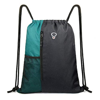 Drawstring Backpack Sports Gym Bag for Women Men Large Lightweight Backpack with Zipper and Water Bottle Mesh Pockets (Black/Teal) - color: Black/Teal, style: Drawstring With Mesh Pocket