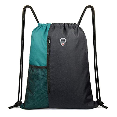 Drawstring Backpack Sports Gym Bag for Women Men Large Lightweight Backpack with Zipper and Water Bottle Mesh Pockets (Black/Teal) - color: Black/Teal, style: Drawstring With Mesh Pocket