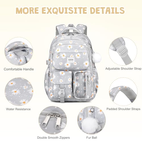 ACESAK Backpack for Girls - Girls Backpack with Lunch Bag & Pencil Pouch for Teen Kids Laptop Backpack for Women, Elementary Middle High School Bookbag Travel Daypack (Gray Daisy) - color: Gray Daisy