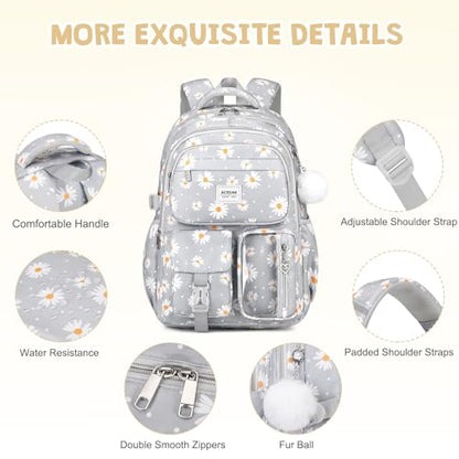ACESAK Backpack for Girls - Girls Backpack with Lunch Bag & Pencil Pouch for Teen Kids Laptop Backpack for Women, Elementary Middle High School Bookbag Travel Daypack (Gray Daisy) - color: Gray Daisy