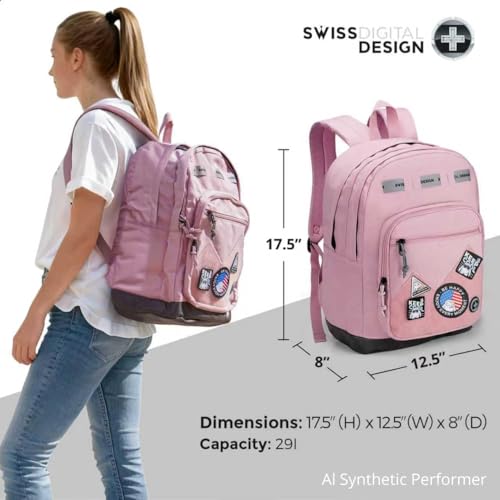 Swissdigital Design Big Student Laptop Backpack with Fun Personalized Patches For College Boy & Girl, Middle High School Teen Bookbag Cool Travel Daypack Pink -Includes 3 Patches | SD1718-81 - color: Pale Pink