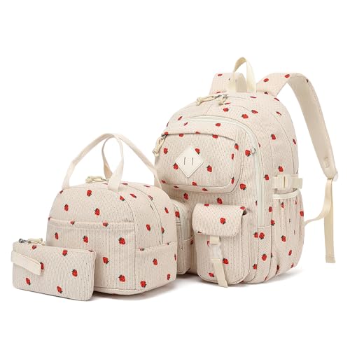 3Pcs Corduroy School Backpack for Girls, Kids Teens Large Capacity School Bag Bookbags Set Casual Daypack Fits 15.6 inch Laptop with Lunch Box and Pencil Case (Corduroy Strawberry Beige) - color: Corduroy Strawberry Beige