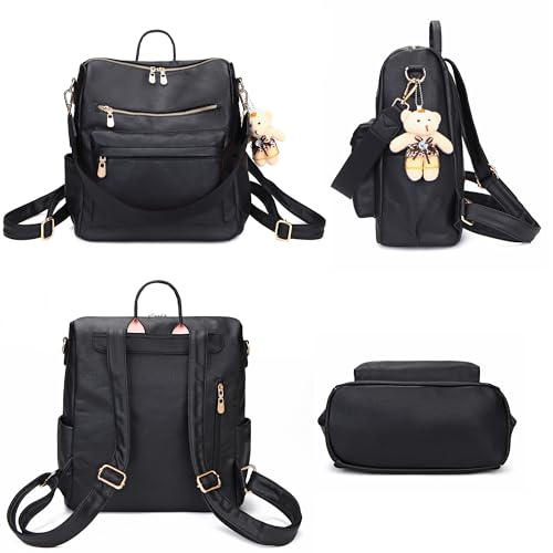 Soperwillton Women Backpack Purse Multipurpose Design Handbags Shoulder Bag PU Leather Travel bag Backpack Set 2pcs - color: Z-black