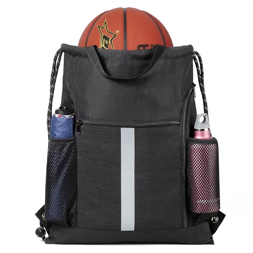 BeeGreen Mix-Black-Drawstring-Backpack-Bag, Large String Sack with Shoe Compartment and Two Side Mesh Pockets Lightweight Sturdy For Gym - color: Mix Black, style: Drawstring With Shoe Compartment