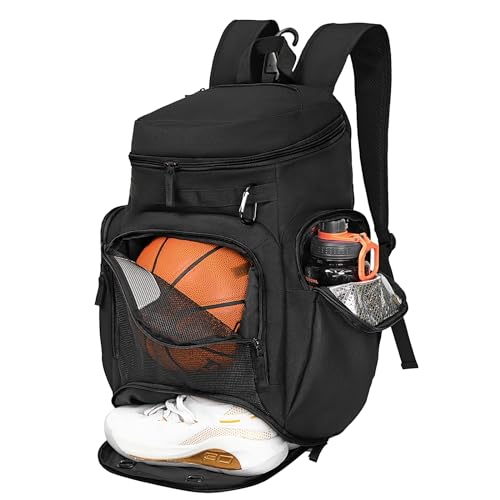 LARIPOP Basketball Backpack with Ball & Ventilated Shoe Compartment Insulated Pockets for Men Training - color: black
