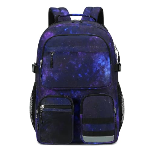 Lohol Water Resistant Backpack with Multifunctional Pockets for Teens, Durable Bookbag fits 15.6 inch Laptop for School Travel College, 25L (Black Purple Galaxy) - color: Black Purple Galaxy