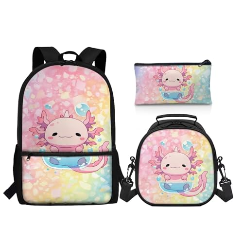 Axolotl Backpack for Girls Boys Soft School Backpacks Bookbag with Lunch Bag Handbag Shoulder Bag and Pencil Case Travel Daypack 3 PCS Set - color: Axolotl Cute