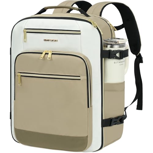 EMPSIGN 40L Travel Backpack for Women & Men, Airline Approved Carry On Backpack, TSA Personal Item Bag Waterproof, Overnight Weekender Essentials Backpacks for Business fits 17" Laptop, Khaki - color: Beige/Khaki/Light Brown