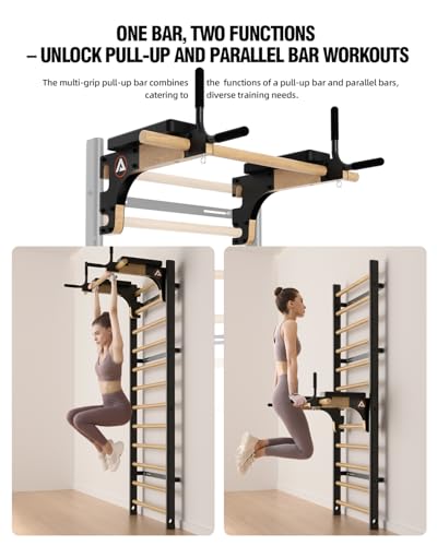 Swedish Ladder Pro, Wood Stall Bar with Push-Through Bar, Adjustable Pull-Up Dip Bar for Adults and Kids, Accessories Bundle, Spring, for Home, School, Physical Therapy and Gymnastics - size: 40"x90“x3"
