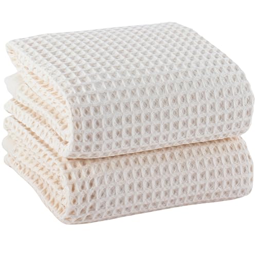PÜSKÜL Undyed-Raw Waffle Bath Towels Set of 2-Piece | Organic Natural 100% Turkish Cotton Towel | Premium Quality Body Towels for Bathroom & Sauna | 32x63 inch Large Bath Sheet | Earthy Spa Experience - color: Natural Beige
