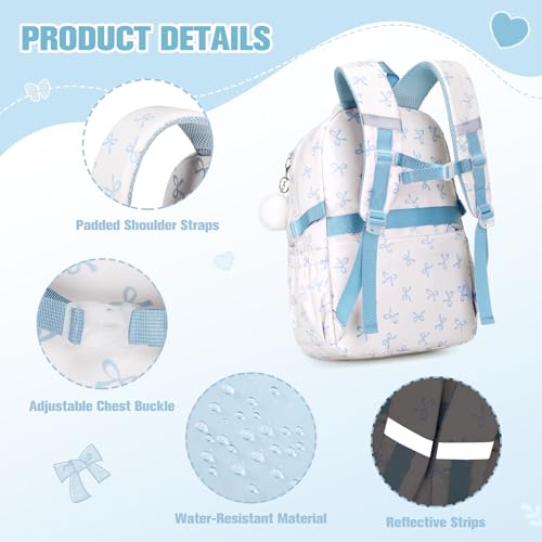 Bevalsa Backpack for Girls 3PCS Teen Girls Bow Backpack for School with Lunch Bag Pencil Case Blue Cute Kids Laptop Backpacks Bookbag for Elementary Middle High School College Student (Bow) - color: Blue Bow