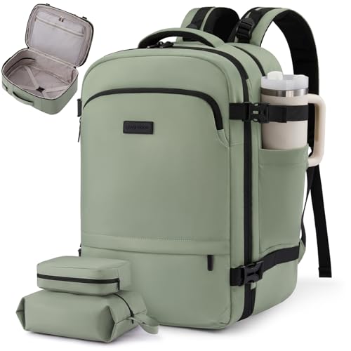 LOVEVOOK Carry On Travel Backpack For Women Flight Approved, 55L Personal Item Travel Bag Flight Approved, TSA Travel Bag Fit 18 Inch Laptop, Weekender Overnight Waterproof Daypack with 2 Cubes - color: Olive Green-black, size: 55l-18 Inch-3pcs