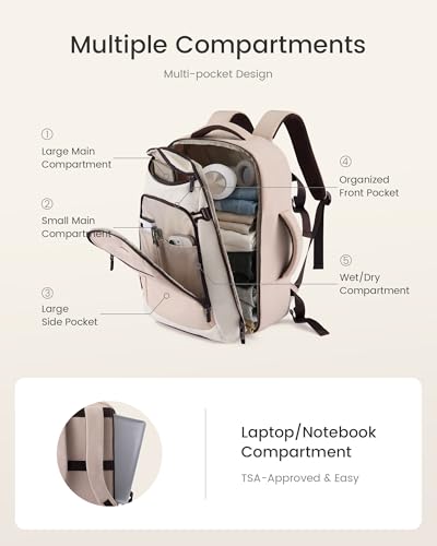 LOVEVOOK 50L Travel Backpack for Women & Men,Airline Approved Carry On Backpack with 3 Packing Cubes,TSA Waterproof Personal Item Bag, Weekender Overnight Essentials Backpacks fits 20" Laptop - color: Brown/Light Pink, size: 50L-4PCS