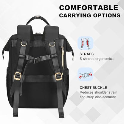 AIJIEKE Lunch Backpack for Women, 15.6 Inch Laptop Backpack with Detachable Insulated Cooler Lunch Box, 2-in-1 Water Resistant Work Computer Bag for Nurse Teacher College Commute, Black - color: Black