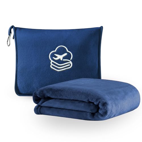 Travel Blanket, Soft 2-in-1 Airplane Blanket, 65x40 Inches, Travel Blanket Airplane Compact with Bag, Car Blanket with Luggage Sleeve & Backpack Clip (Navy Blue) - color: Navy Blue