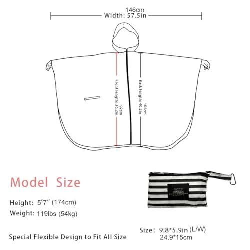 Fashion Hooded Rain Poncho Waterproof Raincoat Jacket with pocket for Women/Men/Adult - color: Black/White Strips