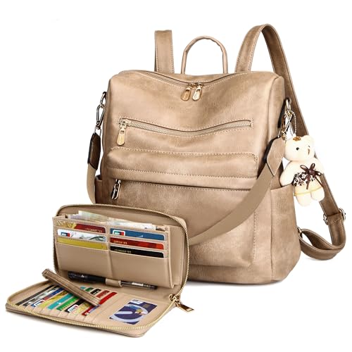 Soperwillton Women Backpack Purse Multipurpose Design Handbags Shoulder Bag PU Leather Travel bag Backpack Set 2pcs - color: Z-sand