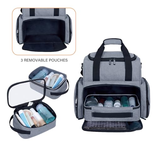 Large Makeup Cosmetic Bag with 3 Removable Case and 2 Removable Dividers Double Layer Travel Storage Organizer, Makeup Brushes Storage Section Grey - color: Grey