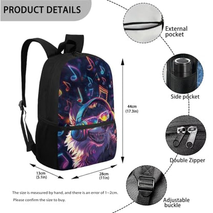 ZOUTAIRONG Boys Backpack and Insulated Thermos Cup Trendy Casual Bookbags with Side Pockets Music Wolf Printed School Bags and Water Bottle - color: Music Wolf