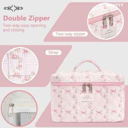 honitty Makeup Bag,Quilted Cosmetic Bags,Large Floral Make Up Organize bag,Makeup Bag Set for Women,Flower Travel Toiletry Bag - color: Striped Bow Tie