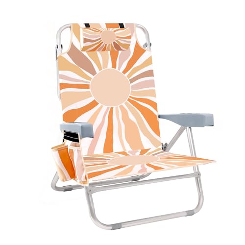 Backpack Beach Chair for Adults with Cooler&Cup Holder, 5-Position Folding Low Beach Chair with Towel Bar & Storage Pouch, Portable Lay Flat Reclining Beach Lounger for Camping, Lawn, Travel, Festival - color: Boho Sunburst