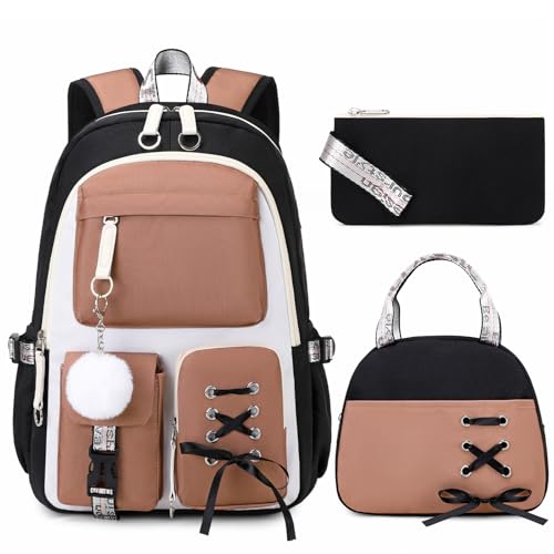 ACESAK Backpacks for Girls, Girls Backpack with Lunch Box and Pencil Case for Teen Kids Elementary Middle High School College Student, Children Backpack Bookbag with USB Charging Port (Brown) - color: Black With Capybara-color Accent