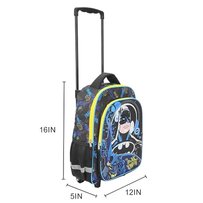 Bioworld Batman Hero Surrounded By Bats 16" Rolling Travel Backpack - color: Blue, Black & Yellow