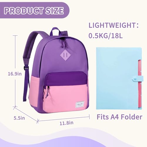 Chase Chic Kids Backpack for Girls - 17 inch School Backpacks for Toddler Fits 6 to 12 Years Old - Lightweight Water Resistant Preschool Bookbag for Travel Daycare (Purple Pink) - color: Light Purple&pink