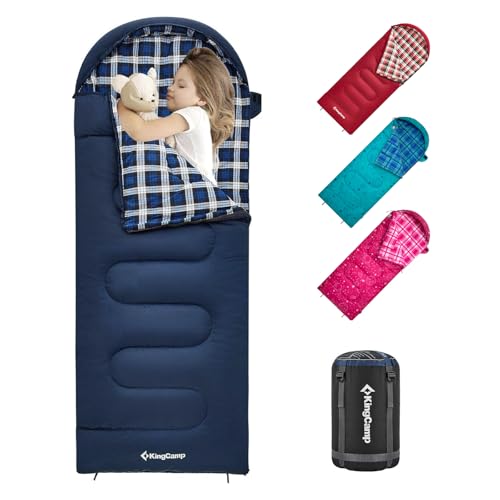 KingCamp 45°F Kids Sleeping Bag, Lightweight Waterproof & Compact Flannel Sleeping Bags Cold Weather & Warm Youth Essentials Gear Accessories for Camping, Fits 10-12 Children up to 4'7"-5'5" Tall - color: 8.6°F ~44.6°F Navy Left