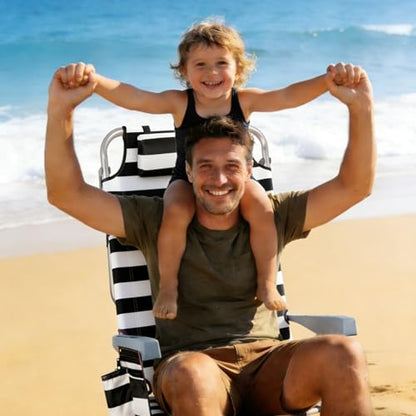 Backpack Beach Chair for Adults – 5 Position Reclining Low Beach Chair with Cooler, Cup Holder & Towel Bar, Lightweight Folding Beach Chair Backpack, Portable Lay Flat Beach Lounger – Black Stripe - color: Black Stripe