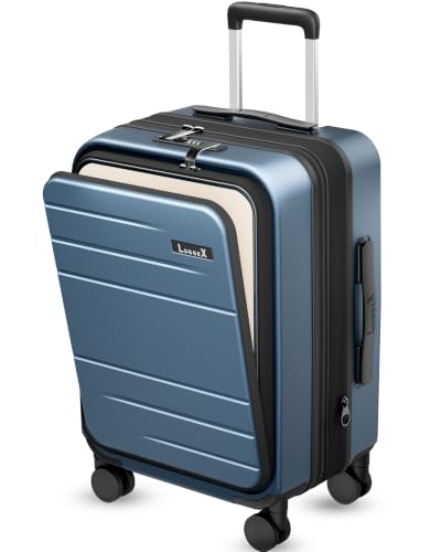 LUGGEX Carry On Luggage with Spinner Wheels, Expandable Polycarbonate Suitcase with Front Pocket (FX-Core, Blue, 21 Inch) - color: Blue, size: carry on（21inch front open）