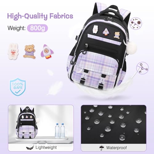 FIXITOK 3PCS School Backpack for Girls, Girls Backpack with Lunch Box, Pencil Case, Cute Kawaii Plaid Book Bag for Teen Girl Kindergarten Elementary Preschool Middle High School, Black Purple - color: Black Purple