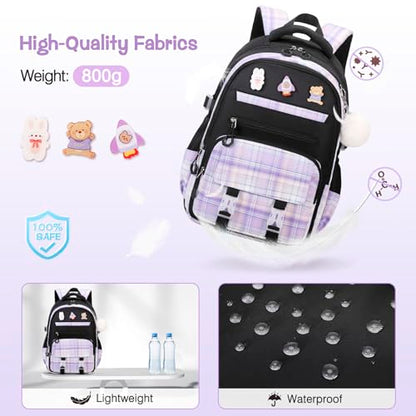 FIXITOK 3PCS School Backpack for Girls, Girls Backpack with Lunch Box, Pencil Case, Cute Kawaii Plaid Book Bag for Teen Girl Kindergarten Elementary Preschool Middle High School, Black Purple - color: Black Purple