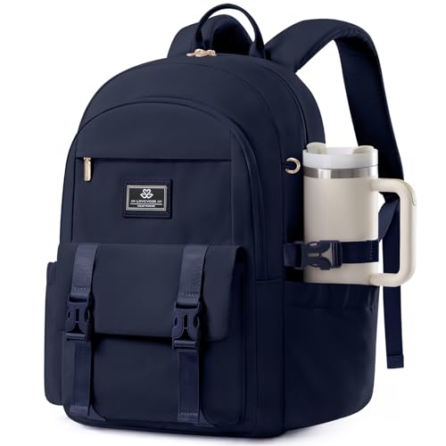 LOVEVOOK School Backpack for Teen Girls Boys,Bookbag for Middle High Student with Pouch Pocket for Large Bottle, Preppy College Bookbag, Waterproof Travel Daypack with 15.6 inch Laptop Compartment - color: Deep Blue, size: Medium-15.6" with Side Straps