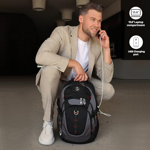 Swissdigital Design Laptop Backpack with USB Charging Port, Travel Backpack Fits 15.6 inches Computer, 31L College School Backpack for Men, Black/Grey | SD803-02 - color: Black/Grey