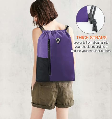 BeeGreen Dark Purple Drawstring Backpack Gym Bag For Men & Women – Sports Sackpack with Mesh Water Bottle Holder & 2 Zippered Pockets – Large 16x20 Inch Cinch String Backpack - color: Dark Purple, style: Drawstring With Mesh Pocket