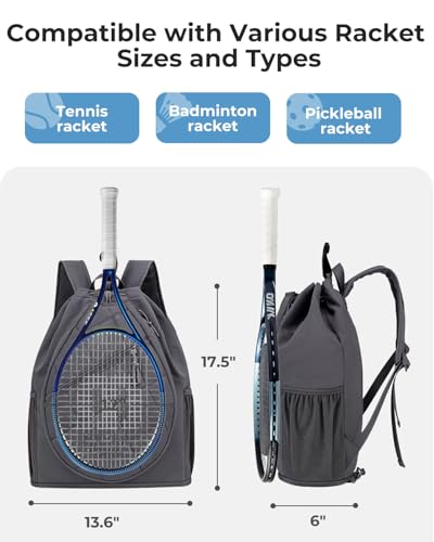 Drawstring Tennis Backpack, Puffer Tennis Racket Bag with Shoe Compartment & Wet Pocket Gym Bag for Women, Suitable for Pickleball Tennis Badminton - color: Grey
