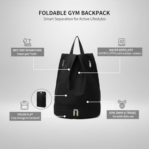 Foldable Gym Backpack with Wet/Dry Separation, Water-Resistant Oxford Sports Bag for Travel & Commute - color: Black