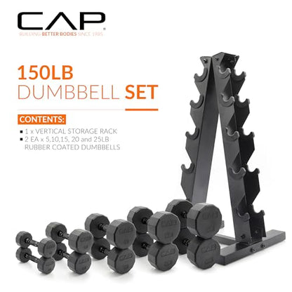 CAP Rubber Coated Hex Dumbbell Set with Storage Rack | 100–210 lb Options, Space-Saving Vertical Compact Storage for Home Gym Strength Training - size: 150 lb - Set, style: 12-Sided Black Handle