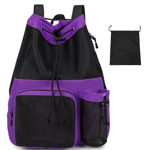Lohol Large Mesh Drawstring Backpack with Shoe Bag, Durable Swimming String Sack with Handle for Sports Gym Yoga Beach Travel - color: Purple