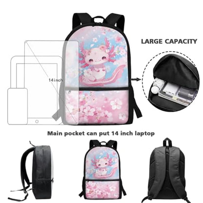 ZDCUSTOM Axolotl Backpack Set for Girls Bookbags with Lunch Box and Pencil Case, Large Capacity Elementary School Backpack for Girls Water Bottle Holder Keychain, Kids Schoolbags Sets 5-Pieces - color: Floral Axolotl