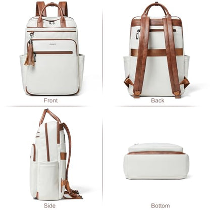 Shrrie Laptop Backpack for Women 15.6 inch Travel Leather Backpack Purse Work Computer Backpacks for Business College Beige - color: Beige