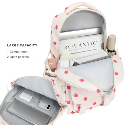 High Middle School Backpack for Girls Travel Kawaii Laptop Kids Bookbag, Strawberry Beige - color: Beige Strawberry