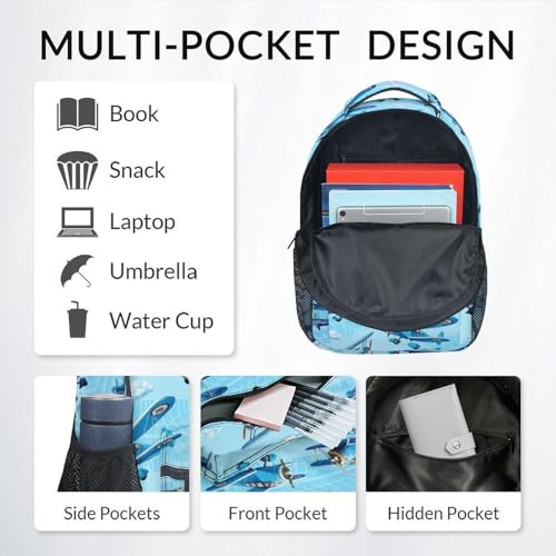 Kids Backpack with Lunch Bag and Pencil Case - 3Pcs Airplane Backpacks Set for Boys - Durable Toddler Bookbag for Kindergarten, Primary & Elementary (17 Inch) - color: Light Blue