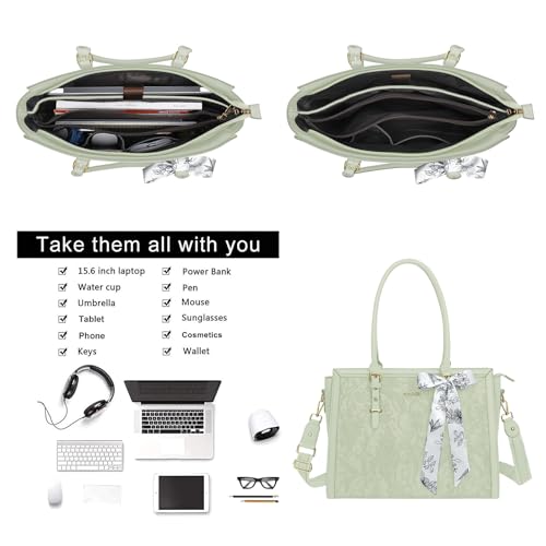 MOSISO Laptop Bag for Women, 15.6-16 inch PU Leather Tote Bag Compatible with MacBook, HP, Dell, Asus Notebook, Front Embossed Retro Hibiscus Computer Bags with Silk Scarf&Clutch Purse, Sage Green - color: Sage Green, size: 16 inch